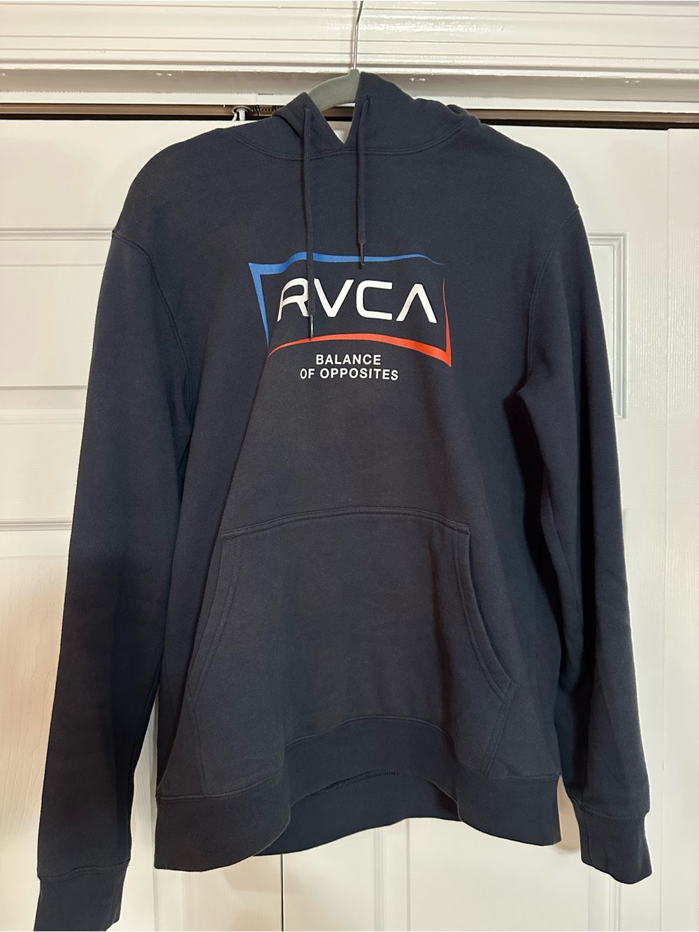 RVCA Men's Navy Hoodie with Blue and Red Logo